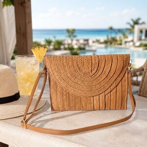 Vintage Woven Straw Crossbody Handbag Tan Boho Beach Resort Envelope Purse